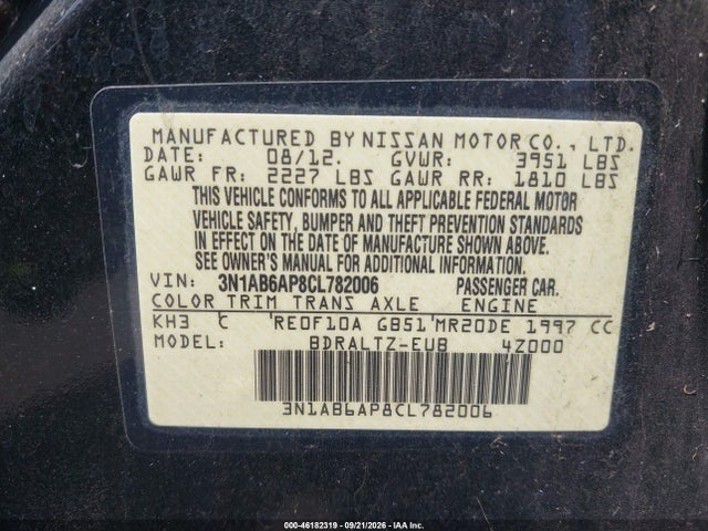 Продажа на аукционе авто 2012 Nissan Sentra 2.0 S, vin: 3N1AB6AP8CL782006, номер лота: 46182319