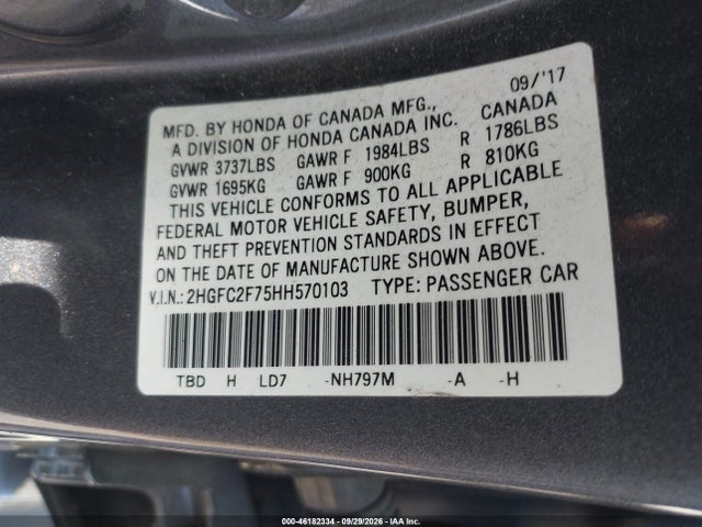 Продаж на аукціоні авто 2017 Honda Civic Ex, vin: 2HGFC2F75HH570103, номер лоту: 46182334