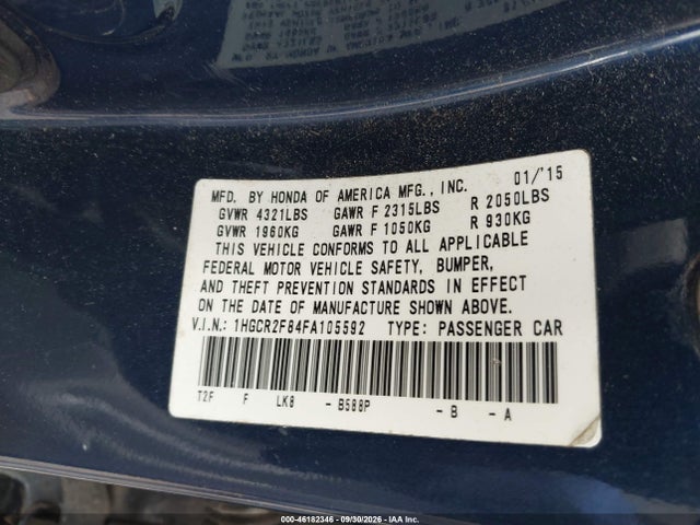 Aukcja sprzedaży 2015 Honda Accord Ex-l, vin: 1HGCR2F84FA105592, numer aukcji: 46182346