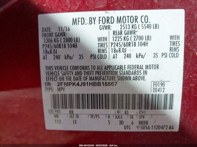 46182349 :رقم المزاد ، 2FMPK4J91HBB18867 vin ، 2017 Ford Edge Sel مزاد بيع