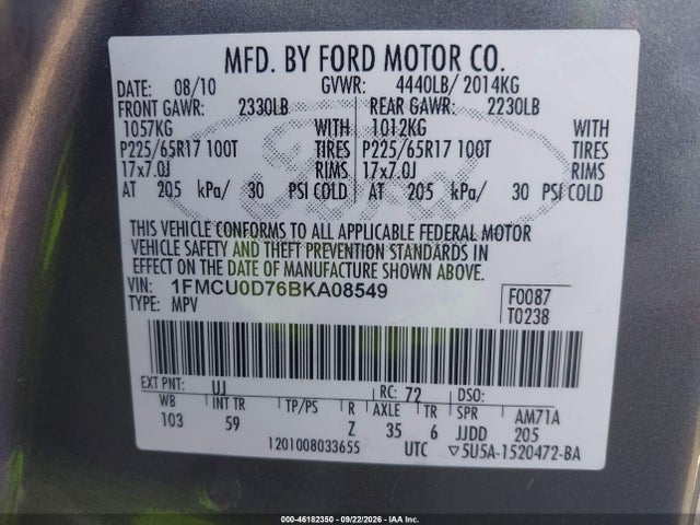 Продаж на аукціоні авто 2011 Ford Escape Xlt, vin: 1FMCU0D76BKA08549, номер лоту: 46182350
