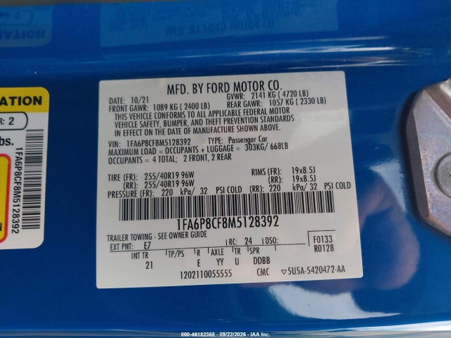 Продажа на аукционе авто 2021 Ford Mustang Gt Fastback, vin: 1FA6P8CF8M5128392, номер лота: 46182368
