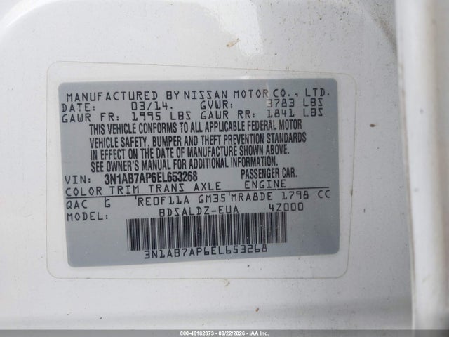 46182373 :رقم المزاد ، 3N1AB7AP6EL653268 vin ، 2014 Nissan Sentra Fe+ S/fe+ Sv/s/sl/sr/sv مزاد بيع