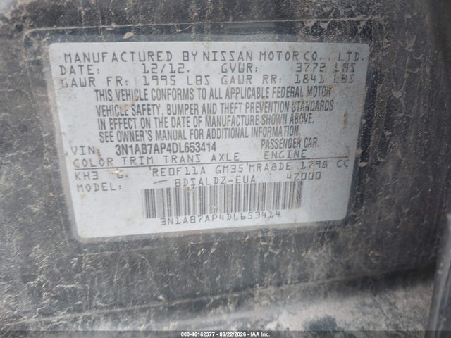 46182377 :رقم المزاد ، 3N1AB7AP4DL653414 vin ، 2013 Nissan Sentra Sv مزاد بيع
