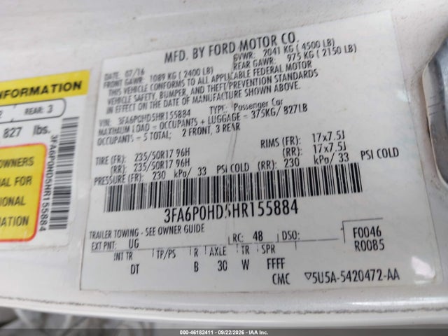 Aukcja sprzedaży 2017 Ford Fusion Se, vin: 3FA6P0HD5HR155884, numer aukcji: 46182411