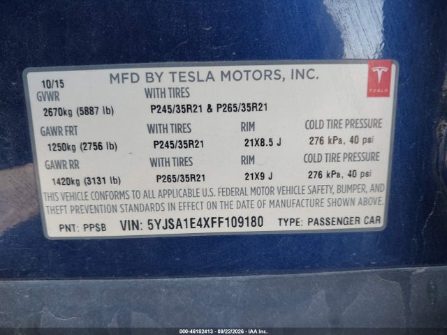 2015 Tesla Model S 85d/p85d მანქანა იყიდება აუქციონზე, vin: 5YJSA1E4XFF109180, აუქციონის ნომერი: 46182413