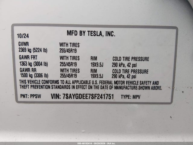 Aukcja sprzedaży 2025 Tesla Model Y Long Range Dual Motor All-wheel Drive, vin: 7SAYGDEE7SF241751, numer aukcji: 46182414