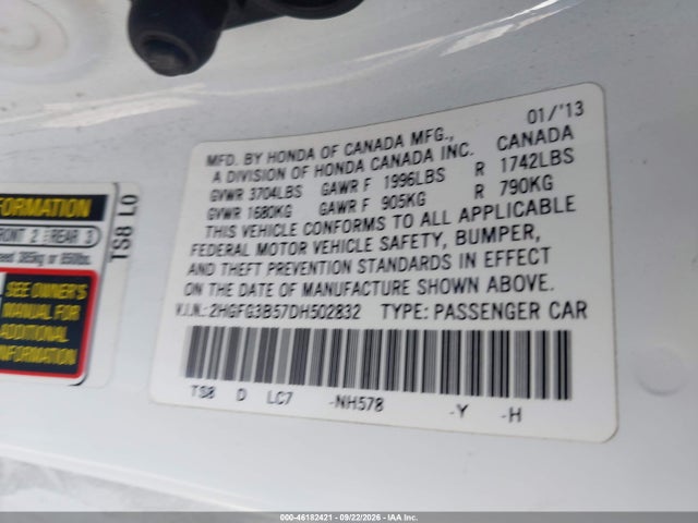 Aukcja sprzedaży 2013 Honda Civic Lx, vin: 2HGFG3B57DH502832, numer aukcji: 46182421