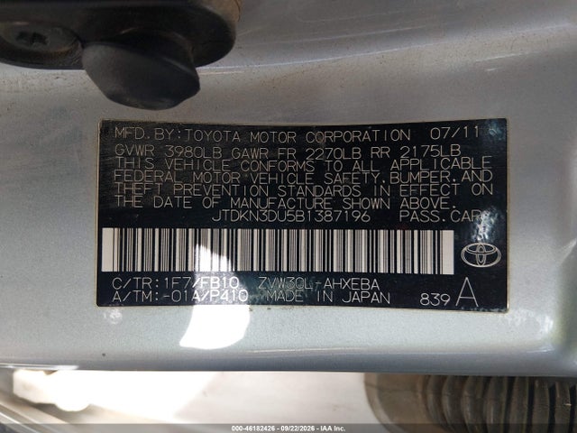 46182426 :رقم المزاد ، JTDKN3DU5B1387196 vin ، 2011 Toyota Prius Three مزاد بيع