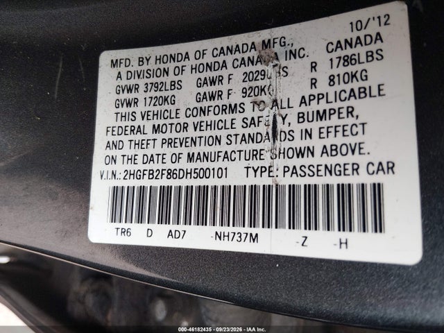Продажа на аукционе авто 2013 Honda Civic Ex, vin: 2HGFB2F86DH500101, номер лота: 46182435