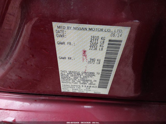 Aukcja sprzedaży 2015 Nissan Altima 2.5/2.5 S/2.5 Sl/2.5 Sv, vin: 1N4AL3APXFN334840, numer aukcji: 46182438