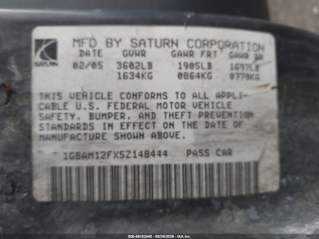Продажа на аукционе авто 2005 Saturn Ion 2, vin: 1G8AM12FX5Z148444, номер лота: 46182440
