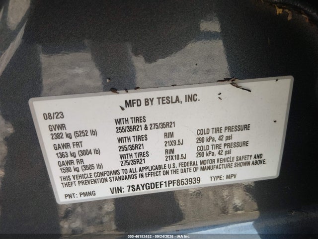 46182452 :رقم المزاد ، 7SAYGDEF1PF863939 vin ، 2023 Tesla Model Y Performance Dual Motor All-wheel Drive مزاد بيع