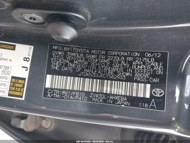 2012 Toyota Prius Two მანქანა იყიდება აუქციონზე, vin: JTDKN3DUXC1562933, აუქციონის ნომერი: 46182455