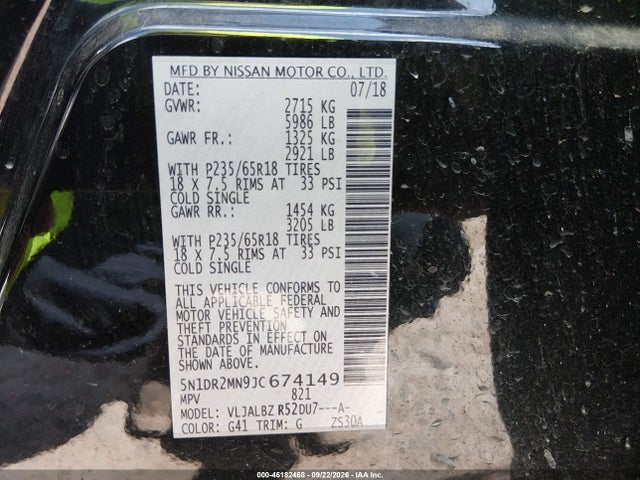 Aukcja sprzedaży 2018 Nissan Pathfinder S, vin: 5N1DR2MN9JC674149, numer aukcji: 46182468