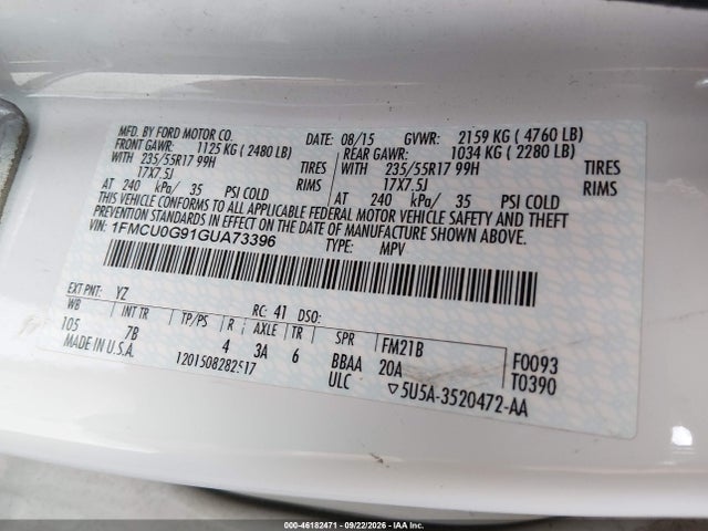 2016 Ford Escape Se მანქანა იყიდება აუქციონზე, vin: 1FMCU0G91GUA73396, აუქციონის ნომერი: 46182471