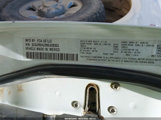 46182484 :رقم المزاد ، 3C6UR5HJ2NG438353 vin ، 2022 Ram 2500 Tradesman مزاد بيع