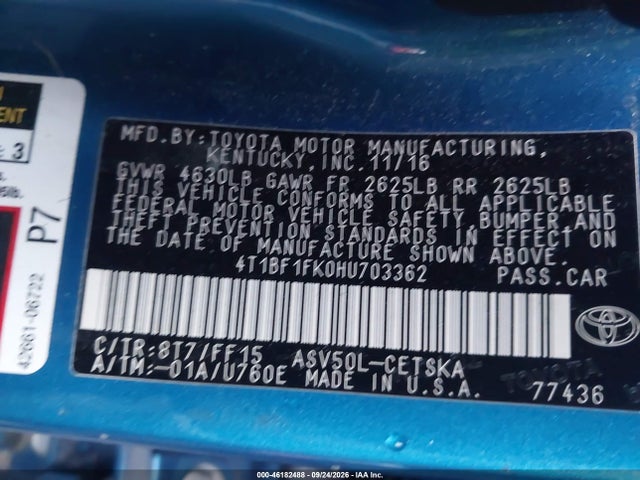 46182488 :رقم المزاد ، 4T1BF1FK0HU703362 vin ، 2017 Toyota Camry Se مزاد بيع
