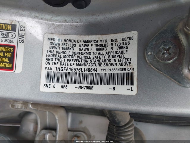 46182528 :رقم المزاد ، 1HGFA16576L149644 vin ، 2006 Honda Civic Lx مزاد بيع
