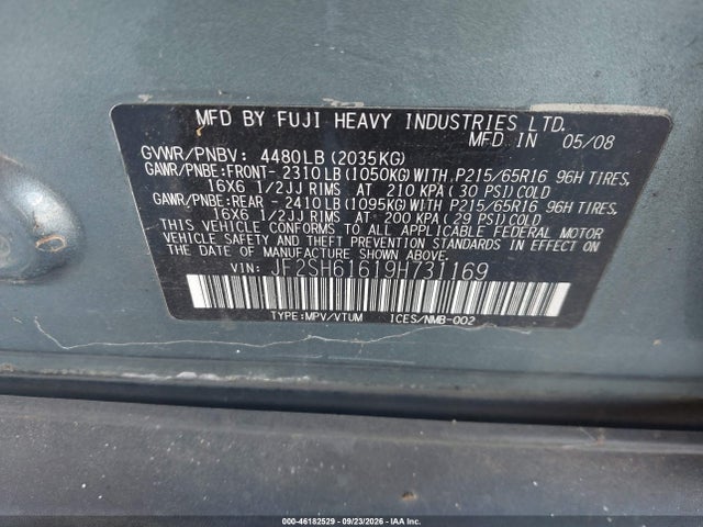 Auction sale of the 2009 Subaru Forester 2.5x, vin: JF2SH61619H731169, lot number: 46182529