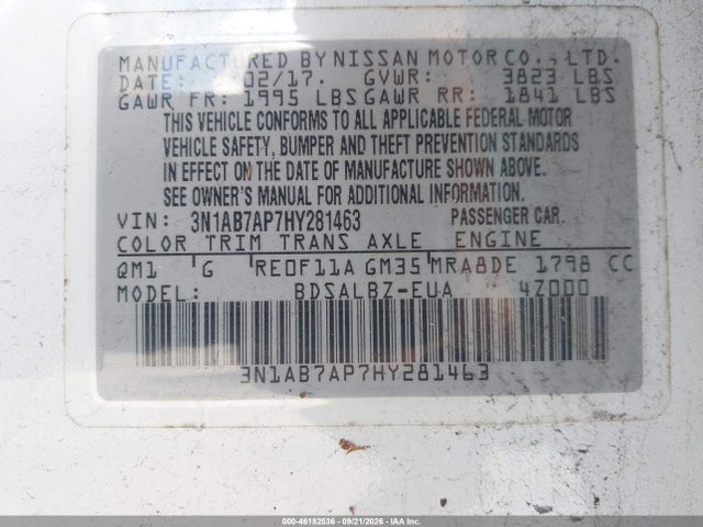 46182536 :رقم المزاد ، 3N1AB7AP7HY281463 vin ، 2017 Nissan Sentra S مزاد بيع