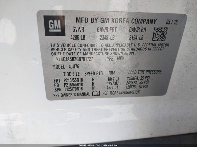 Auction sale of the 2016 Buick Encore, vin: KL4CJASB2GB701727, lot number: 46182551