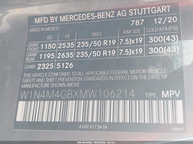 2021 Mercedes-benz Glb 250 მანქანა იყიდება აუქციონზე, vin: W1N4M4GBXMW106214, აუქციონის ნომერი: 46182556