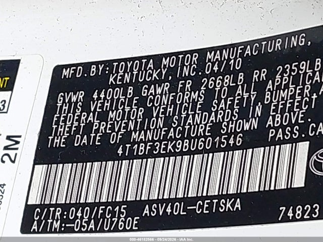 2011 Toyota Camry Se მანქანა იყიდება აუქციონზე, vin: 4T1BF3EK9BU601546, აუქციონის ნომერი: 46182566