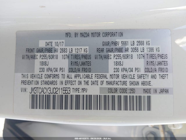 Продажа на аукционе авто 2018 Mazda Cx-9 Touring, vin: JM3TCACY3J0211553, номер лота: 46182570