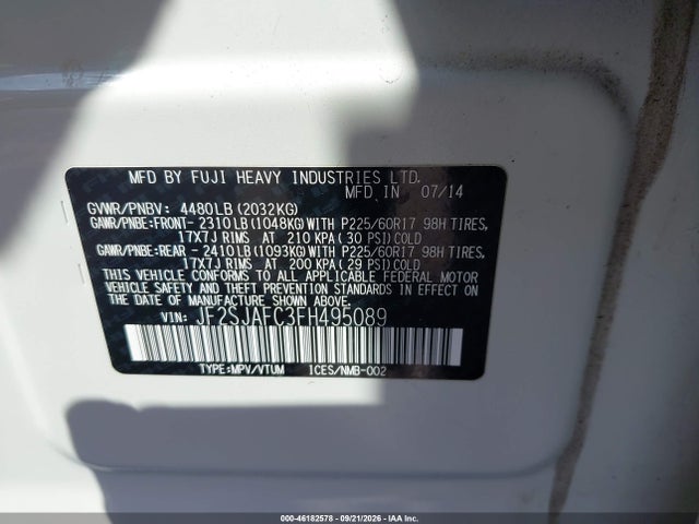 2015 Subaru Forester 2.5i Premium მანქანა იყიდება აუქციონზე, vin: JF2SJAFC3FH495089, აუქციონის ნომერი: 46182578