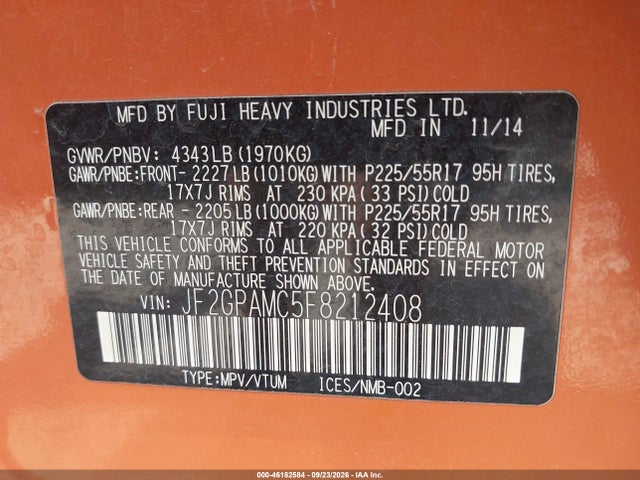 46182584 :رقم المزاد ، JF2GPAMC5F8212408 vin ، 2015 Subaru Xv Crosstrek 2.0i Limited مزاد بيع