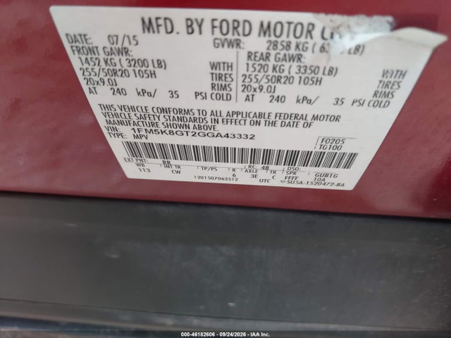 46182606 :رقم المزاد ، 1FM5K8GT2GGA43332 vin ، 2016 Ford Explorer Sport مزاد بيع