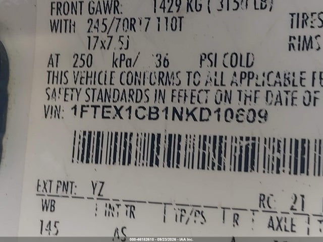 46182610 :رقم المزاد ، 1FTEX1CB1NKD10609 vin ، 2022 Ford F-150 Xl مزاد بيع