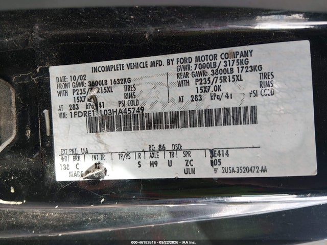 46182616 :رقم المزاد ، 1FDRE14L03HA45749 vin ، 2003 Ford E-150 Recreational مزاد بيع