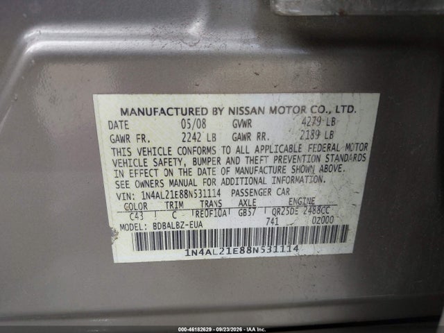 46182629 :رقم المزاد ، 1N4AL21E88N531114 vin ، 2008 Nissan Altima 2.5 S مزاد بيع