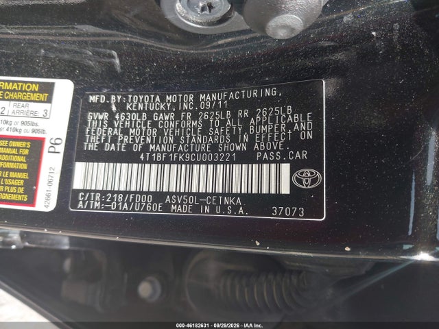 46182631 :رقم المزاد ، 4T1BF1FK9CU003221 vin ، 2012 Toyota Camry Le مزاد بيع