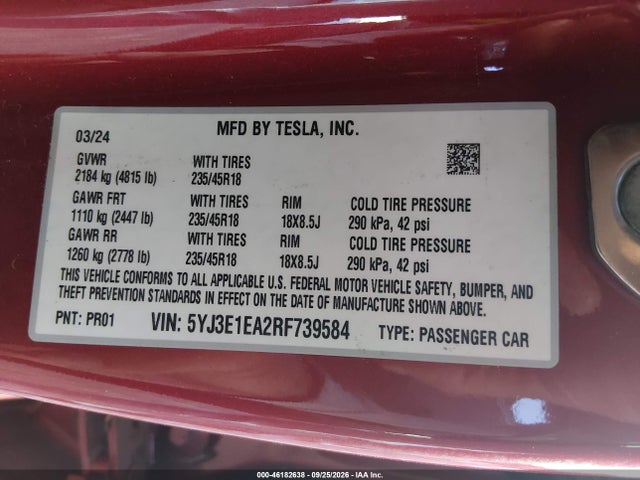 46182638 :رقم المزاد ، 5YJ3E1EA2RF739584 vin ، 2024 Tesla Model 3 مزاد بيع
