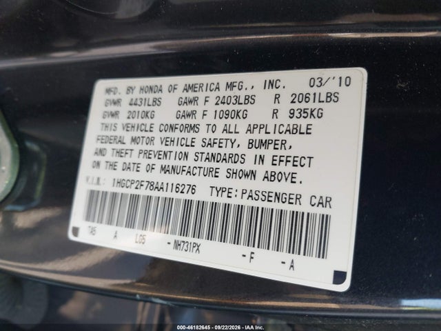 Aukcja sprzedaży 2010 Honda Accord 2.4 Ex, vin: 1HGCP2F78AA116276, numer aukcji: 46182645