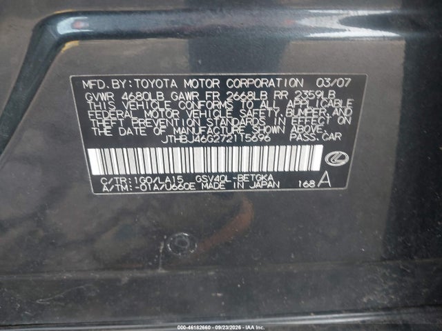 Aukcja sprzedaży 2007 Lexus Es 350, vin: JTHBJ46G272115696, numer aukcji: 46182660