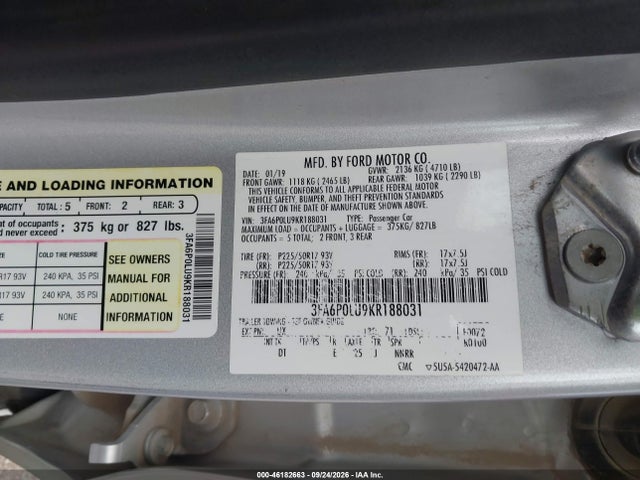 Aukcja sprzedaży 2019 Ford Fusion Hybrid Se, vin: 3FA6P0LU9KR188031, numer aukcji: 46182663