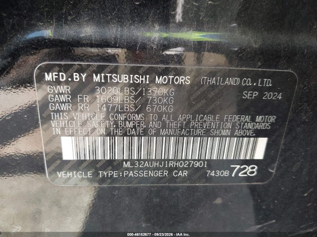 Aukcja sprzedaży 2024 Mitsubishi Mirage Es/le, vin: ML32AUHJ1RH027901, numer aukcji: 46182677