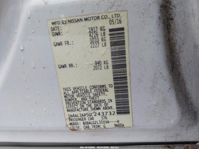 Aukcja sprzedaży 2016 Nissan Altima 2.5 S, vin: 1N4AL3AP5GC243732, numer aukcji: 46182695