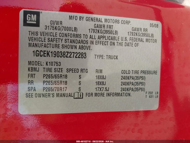 46182710 :رقم المزاد ، 1GCEK19038Z272283 vin ، 2008 Chevrolet Silverado 1500 Lt1 مزاد بيع