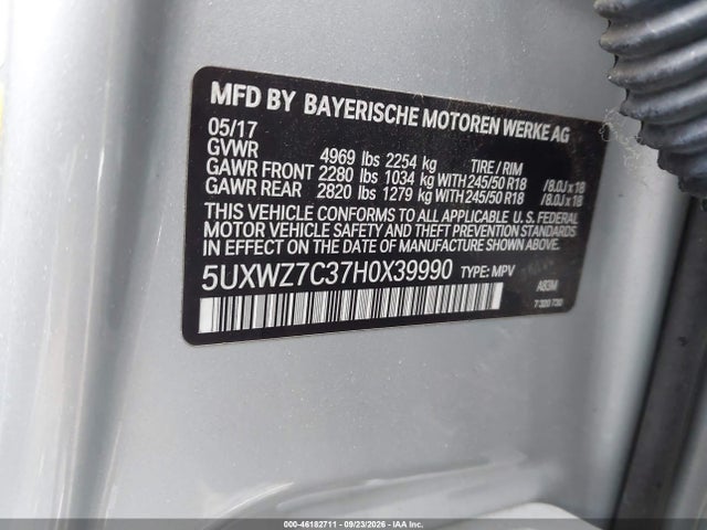 Продаж на аукціоні авто 2017 Bmw X3 Sdrive28i, vin: 5UXWZ7C37H0X39990, номер лоту: 46182711