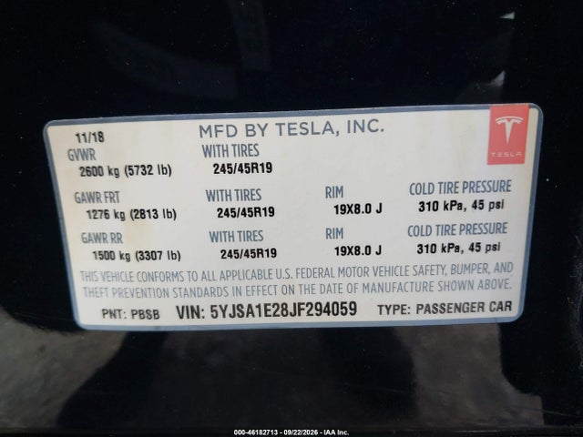 Tesla Model S 100d/75d/p100d 2018 5YJSA1E28JF294059 Image 9