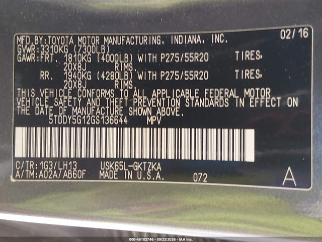 Продаж на аукціоні авто 2016 Toyota Sequoia Platinum 5.7l V8, vin: 5TDDY5G12GS136644, номер лоту: 46182746