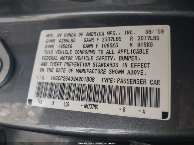 Продаж на аукціоні авто 2009 Honda Accord 2.4 Lx-p, vin: 1HGCP26409A201808, номер лоту: 46182754