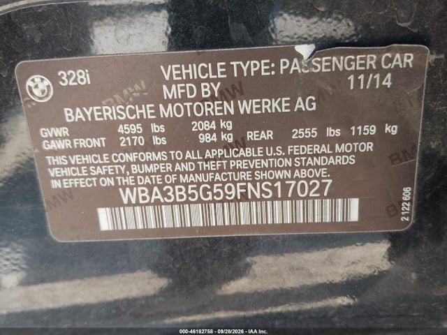 2015 Bmw 328i Xdrive მანქანა იყიდება აუქციონზე, vin: WBA3B5G59FNS17027, აუქციონის ნომერი: 46182758