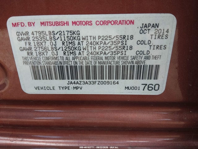 46182771 :رقم المزاد ، JA4AZ3A33FZ009164 vin ، 2015 Mitsubishi Outlander Se مزاد بيع