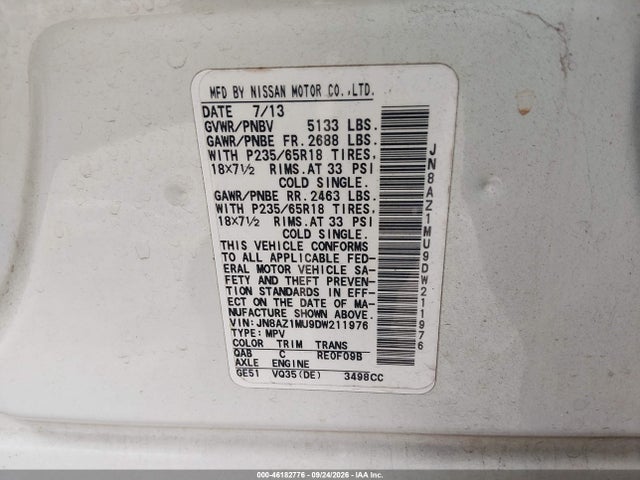 46182776 :رقم المزاد ، JN8AZ1MU9DW211976 vin ، 2013 Nissan Murano S مزاد بيع
